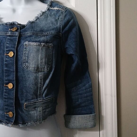 Princess Vera Wang cropped jean denim raw trim jacket Sz XS NWOT - Picture 3 of 8